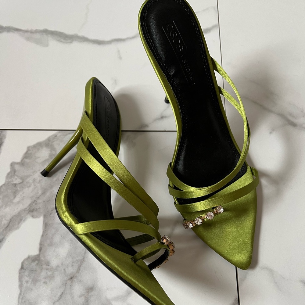 ASOS sandals- pointed insole toe loop embellished heeled sandals in green